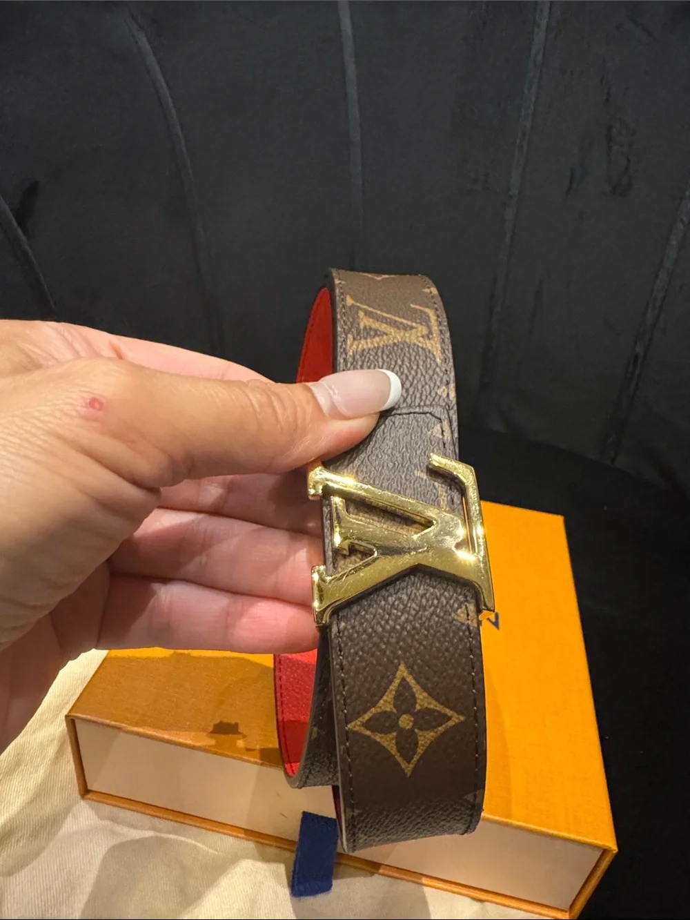 Louis Vuitton Monogram reversible Belt with Red Interior and Gold LV Buckle